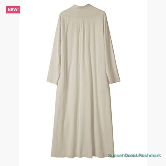 Button Down Cotton Linen Maxi Shirtdress Long Sleeve Casual Beach Dress - Picture 5 of 7